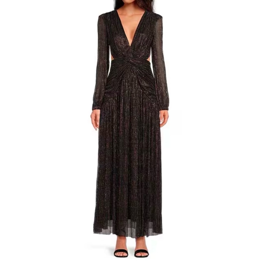 Gianni Bini Hazel Metallic Chiffon V-Neck Long Sleeve Cut Out Dress Size 2